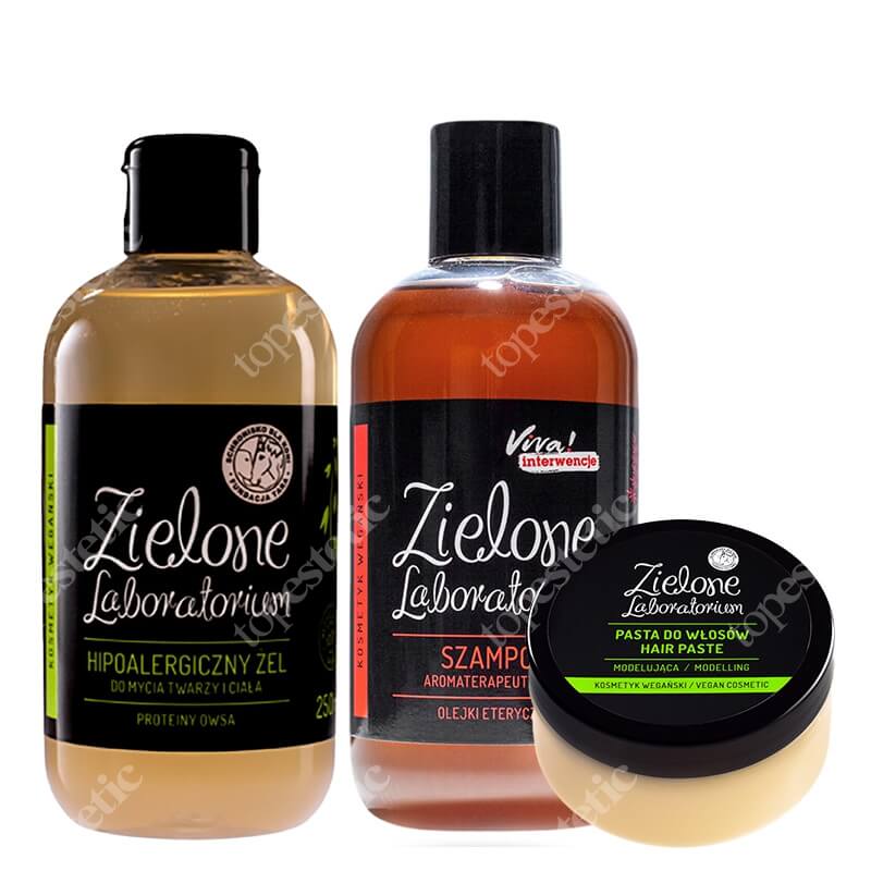 Zielone Laboratorium Żel Do Mycia Twarzy i Ciała + Szampon + Modelująca Pasta Do Włosów ZESTAW Proteiny owsa 250 ml + Olejki eteryczne 250 ml + Pasta 100 ml