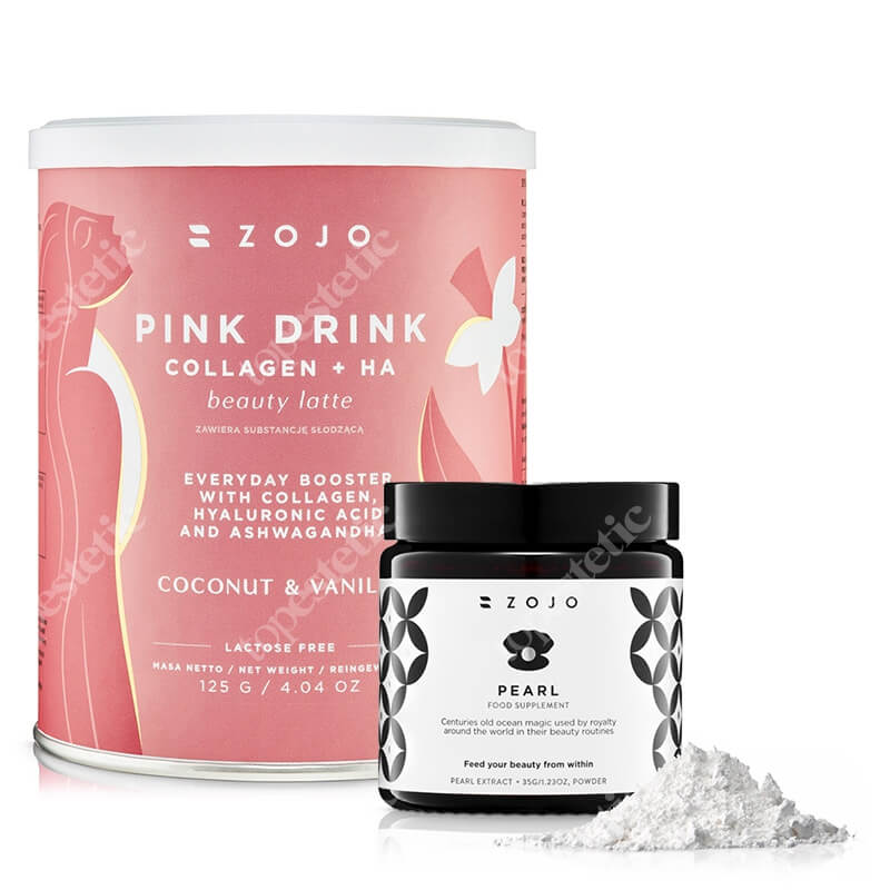 Zojo Pearl Food + Pink Drink Collagen ZESTAW Ekstrakt z perły dla włosów, skóry i paznokci 35 g + Latte z kolagenem o smaku kokosa i wanilii 125 g