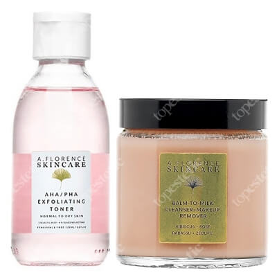 A.Florence Skincare AHA/PHA Exfoliating Toner + Balm To Milk Cleanser Make-Up Remover ZESTAW Złuszczający tonik z 5% kwasem mlekowym i 4% glukonolaktonem 150 ml + Mleczny balsam myjący 120 ml