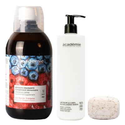 Academie Body Care ZESTAW Mydło peelingujące 145 g + Mleczko do ciała z kolagenem 400 ml + Napój detoksykujący 500 ml