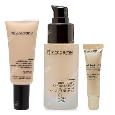 Academie Make Up Set ZESTAW Liftingujący podkład (kolor kość słoniowa 01) 30 ml + Kryjący korektor pod oczy 20 ml + Booster powiększający usta 15 ml