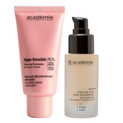 Academie Masque + Fond De Teint ZESTAW Maska kojąca zaczerwienienia 50 ml + Liftingujący podkład (kolor kość słoniowa 01) 30 ml