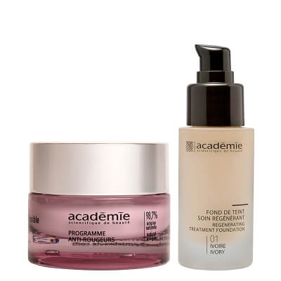 Academie Programme Anti-Rougeurs + Fond De Teint Soin Regenerant ZESTAW Krem na zaczerwienienia dla skóry wrażliwej 50 ml + Liftingujący podkład (kolor kość słoniowa 01) 30 ml