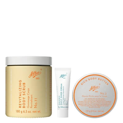 Alba1913 Revitalizing Body Scrub + Rich Body Butter + Galenic Daily Hand Cream Travel ZESTAW Peeling cukrowy 180 g + Masło do ciała 110 g + Galeniczny krem do rąk 30 g