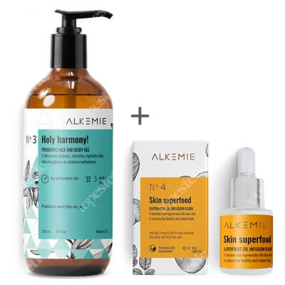 Alkmie Holy Harmony + Skin Superfood ZESTAW Probiotyczny żel do mycia twarzy i ciała 250 ml + Multiwitaminowy olejek z superowocami 15 ml