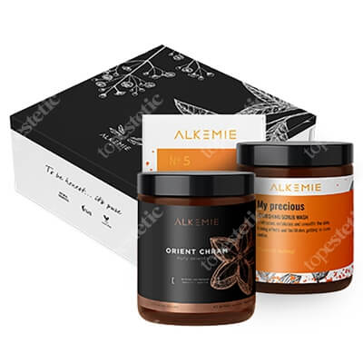 Alkmie My Precious + Świeca Orient Chram ZESTAW Odżywczy peeling myjący do ciała 200 g + Świeca sojowa 180 ml