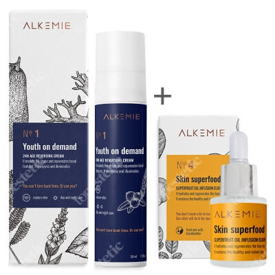 Alkmie Youth On Demand Cream + Skin Superfood ZESTAW 24 godzinny krem odmładzająco-liftingujący 50 ml + Multiwitaminowy olejek z superowocami 15 ml