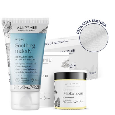 Alkmie Bestseller Set ZESTAW Jednorazowe ręczniki do twarzy 80 szt + Maska nocna z witaminą C 60 ml + Odżywczy krem do suchych dłoni 50 ml