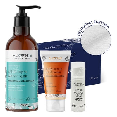 Alkmie Bestseller Set ZESTAW Żel do mycia twarzy i ciała 250 ml + Jednorazowe ręczniki do twarzy 80 szt + Krem do dłoni 50 ml + Serum 5 ml