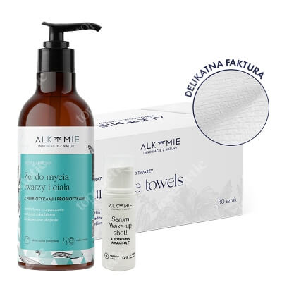 Alkmie Clean And Fresh Skin ZESTAW Żel do mycia twarzy i ciała 250 ml + Jednorazowe ręczniki do twarzy 80 szt + Serum z potrójną witaminą C 5 ml