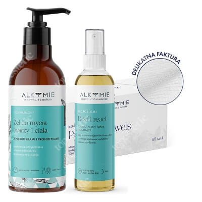 Alkmie Clean Routine ZESTAW Probiotyczny żel do mycia 250 ml + Tonik łagodzący 150 ml + Jednorazowe ręczniki do twarzy 80 szt