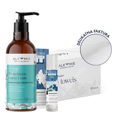 Alkmie Enjoy Your Skin ZESTAW Jednorazowe ręczniki do twarzy 80 szt + Probiotyczny żel do mycia 250 ml + Biomimetyczny booster 30 ml