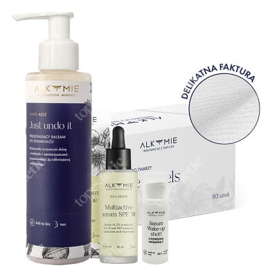 Alkmie Favorite Set ZESTAW Balsam do demakijażu 150 ml + Jednorazowe ręczniki do twarzy 80 szt + Serum 5 ml + Krople SPF 50 30 ml