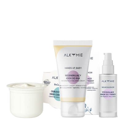 Alkmie Favorite Set ZESTAW Booster wyciszający 30 ml + Krem ceramidowy (wkład) 50 ml + Krem do dłoni 50 ml