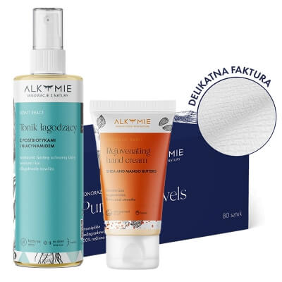 Alkmie Favorite Set ZESTAW Jednorazowe ręczniki do twarzy 80 szt + Tonik łagodzący 150 ml + Krem do dłoni 50 ml