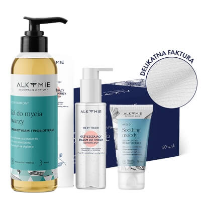 Alkmie Favorite Set ZESTAW Jednorazowe ręczniki do twarzy 80 szt + Żel do mycia 150 ml + Oczyszczający balsam do twarzy 100 ml + Krem do dłoni 50 ml