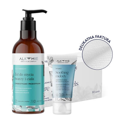 Alkmie Favorite Set ZESTAW Jednorazowe ręczniki do twarzy 80 szt + Żel do mycia 250 ml + Krem do dłoni 50 ml