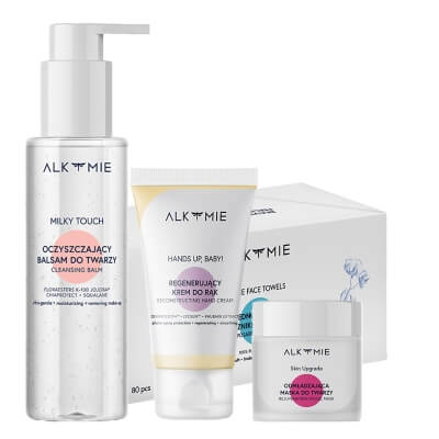 Alkmie Favorite Set ZESTAW Oczyszczający balsam 100 ml + Jednorazowe ręczniki do twarzy 80 szt + Maska do twarzy 50 ml + Krem do dłoni 50 ml