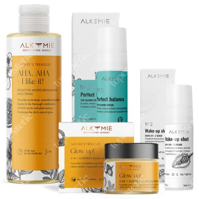 Alkmie Glow On ZESTAW Serum 30 ml + Tonik mikrozłuszczający 150 ml + Krem równoważacy 50 ml + Peeling-maska 15 ml