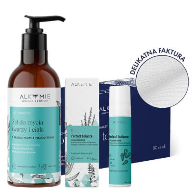 Alkmie Harmony Skin ZESTAW Jednorazowe ręczniki do twarzy 80 szt + Żel do mycia 50 ml + 24 godzinny krem równoważacy 50 ml