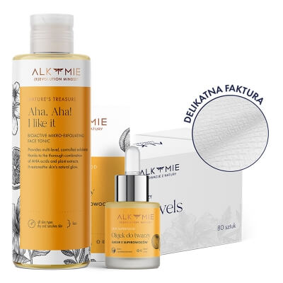 Alkmie Nature’s Treasure ZESTAW Jednorazowe ręczniki do twarzy 80 szt + Tonik 150 ml + Multiwitaminowy olejek 15 ml