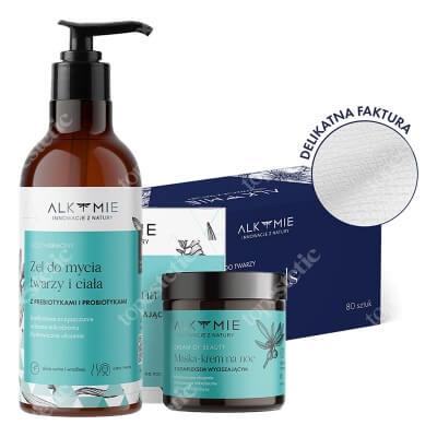 Alkmie Night Ritual ZESTAW Jednorazowe ręczniki do twarzy 80 szt + Probiotyczny żel do mycia twarzy i ciała 250 ml + Wyciszająca nocna maska-krem 60 ml