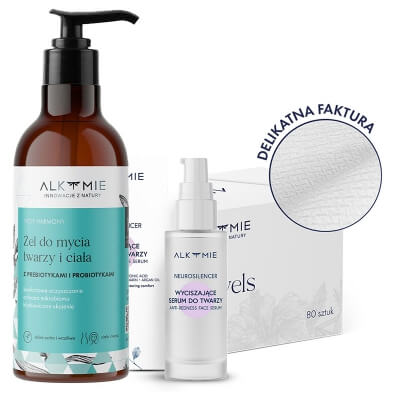 Alkmie Perfect Set ZESTAW Jednorazowe ręczniki do twarzy 80 szt + Probiotyczny żel do mycia twarzy i ciała 250 ml + Skoncentrowany booster wyciszający 30 ml