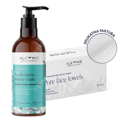 Alkmie Pure Clean Face ZESTAW Jednorazowe ręczniki do twarzy 80 szt + Probiotyczny żel do mycia twarzy i ciała 250 ml