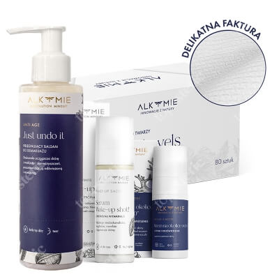 Alkmie Pure Face Set ZESTAW Jednorazowe ręczniki do twarzy 80 szt + Balsam do demakijażu 150 ml + Krem na okolice oczu 15 ml + Serum 30 ml