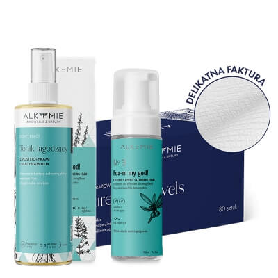 Alkmie Pure Face Set ZESTAW Jednorazowe ręczniki do twarzy 80 szt + Pianka do demakijażu twarzy 150 ml + Tonik łagodzący 150 ml