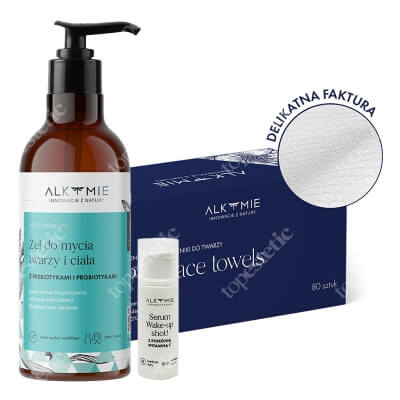 Alkmie Pure Face Towels Blue Box + Holy Harmony + Wake Up Shot Travel Size ZESTAW Jednorazowe ręczniki do twarzy 80 szt + Probiotyczny żel do mycia twarzy i ciała 250 ml + Serum z potrójną witaminą C 5 ml