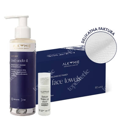 Alkmie Pure Face Towels Blue Box + Just Undo It + Wake Up Shot Travel Size ZESTAW Jednorazowe ręczniki do twarzy 80 szt + Pielęgnujący balsam do demakijażu 150 ml + Serum z potrójną witaminą C 5 ml