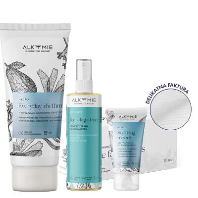 Alkmie Pure Face Towels White Box + Don\'t React + Everyday Rhythm + Soothing Melody ZESTAW Ręczniki do twarzy 80 szt + Tonik 150 ml + Masło do ciała 200 ml + Krem do dłoni 50 ml