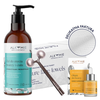 Alkmie Roll Me Up Set ZESTAW Żel do mycia twarzy i ciała 250 ml + Multiwitaminowy olejek 15 ml + Liftingujący roller 1 szt + Jednorazowe ręczniki do twarzy 80 szt
