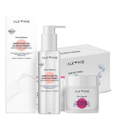 Alkmie Skin Upgrade ZESTAW Żel do mycia twarzy 100 ml + Odmładzająca maska do twarzy 50 ml + Jednorazowe ręczniki do twarzy 80 szt