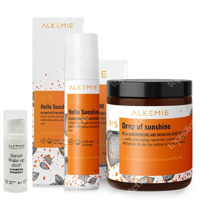 Alkmie Sunshine Skin ZESTAW Masło regenerująco-brązujące do ciała 180 ml + Krem brązujący 50 ml + Serum z potrójną witaminą C 5 ml