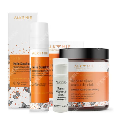 Alkmie Sunshine Skin ZESTAW Masło regenerująco-brązujące do ciała 180 ml + Krem brązujący 50 ml + Serum z potrójną witaminą C 5 ml