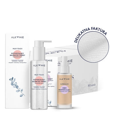Alkmie Super Glow Skin ZESTAW Jednorazowe ręczniki do twarzy 80 szt + Oczyszczający balsam do twarzy 100 ml + Rozświetlający krem z perłowymi mikropigmentami 30 ml
