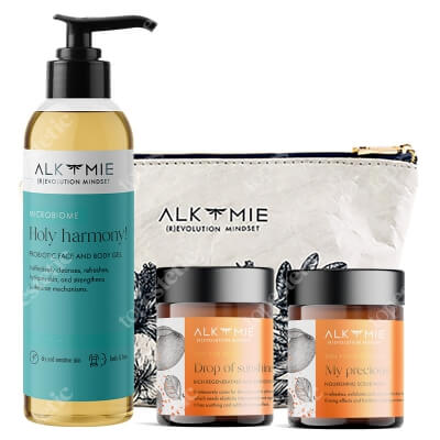 Alkmie Travel Set ZESTAW Żel do mycia 50 ml + Peeling myjący do ciała 30 g + Masło regenerująco-brązujące 30 ml + Kosmetyczka 1 szt