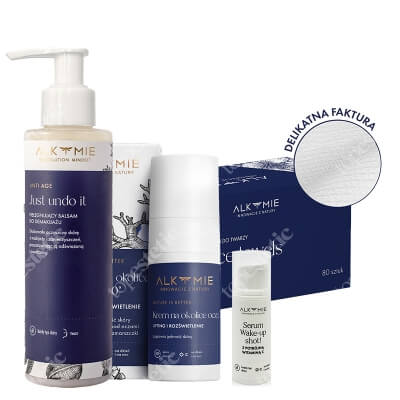 Alkmie Way To Beauty Skin ZESTAW Balsam do demakijażu 150 ml + Jednorazowe ręczniki do twarzy 80 szt + Krem na okolice oczu 15 ml + Serum 5 ml