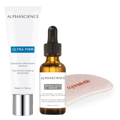 Alphascience Tannic CF Serum + Ultra Firm + Gua Sha Topestetic ZESTAW Serum rozświetlające 30 ml + Koncentrat modelujący twarz i szyję 50 ml + Gua sha kwarc różowy 1 szt