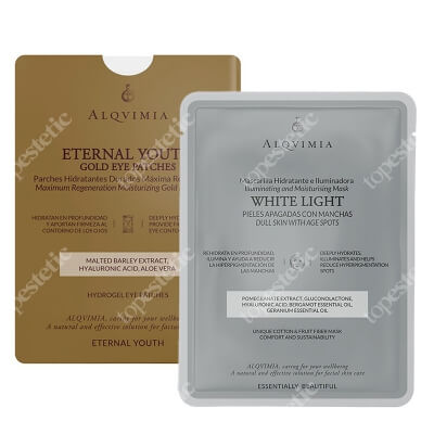 Alqvimia EB White Light Face Mask + Eternal Youth Gold Eye Patches ZESTAW Maska z włókien bawełnianych i owocowych, rozświetlająca 1 szt. + Złote hydrożelowe płatki pod oczy 1 para