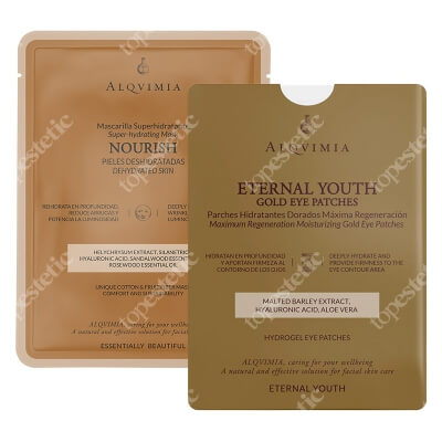 Alqvimia Eternal Youth Gold Eye Patches + EB Nourish Face Mask ZESTAW Złote hydrożelowe płatki pod oczy 1 para + Maska z włókien bawełnianych i owocowych, odżywcza 1 szt.