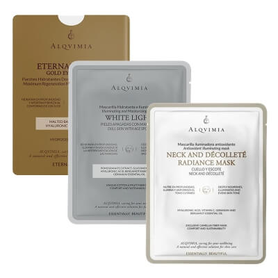 Alqvimia Masks and Patches Set ZESTAW Maska rozświetlająca na szyję i dekolt 1 szt + Maska rozświetlająca 1 szt. + Złote hydrożelowe płatki pod oczy 1 para