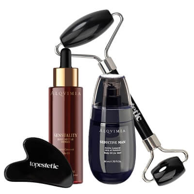 Alqvimia Seductive and Sensuality Premium Care ZESTAW Olej do ciała, Uwodzicielski Mężczyzna 50 ml + Nektar do ciała, Zmysłowość 50 ml + Roller 1 szt + Gua Sha 1 szt