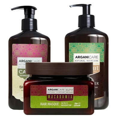 Arganicare Castor + Coconut + Macadamia ZESTAW Szampon stymulujący porost włosów 400 ml + Odżywka do suchych i zniszczonych włosów 400 ml + Maska nawilżająca 350 ml