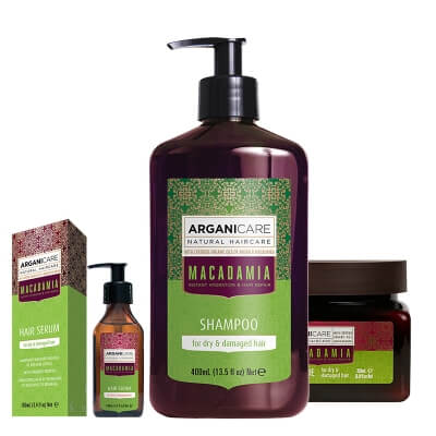 Arganicare Macadamia Care ZESTAW Serum do włosów 100 ml + Szampon 400 ml + Maska nawilżająca 350 ml