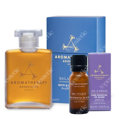 Aromatherapy Associates Relax Deep Bath & Shower Oil + De-Stress Pure Essential Oil Blend ZESTAW Głęboko relaksujący olejek do kąpieli 55 ml + Olejek z kadzidłowca 10 ml