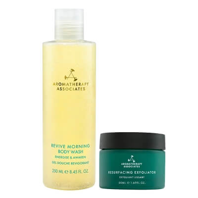 Aromatherapy Associates Resurfacing Exfoliator + Revive Morning Body Wash ZESTAW Złuszczający peeling do twarzy 50 ml + Energetyzujący żel do mycia ciała 250 ml
