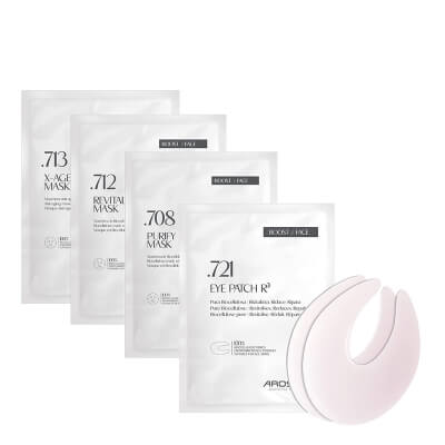 Arosha Face Masks Set ZESTAW Przeciwstarzeniowa 1 szt + Rozświetlająco-wygładzająca 1 szt + Złuszczająco-oczyszczająca 1 szt + płatki pod oczy 4x6 ml